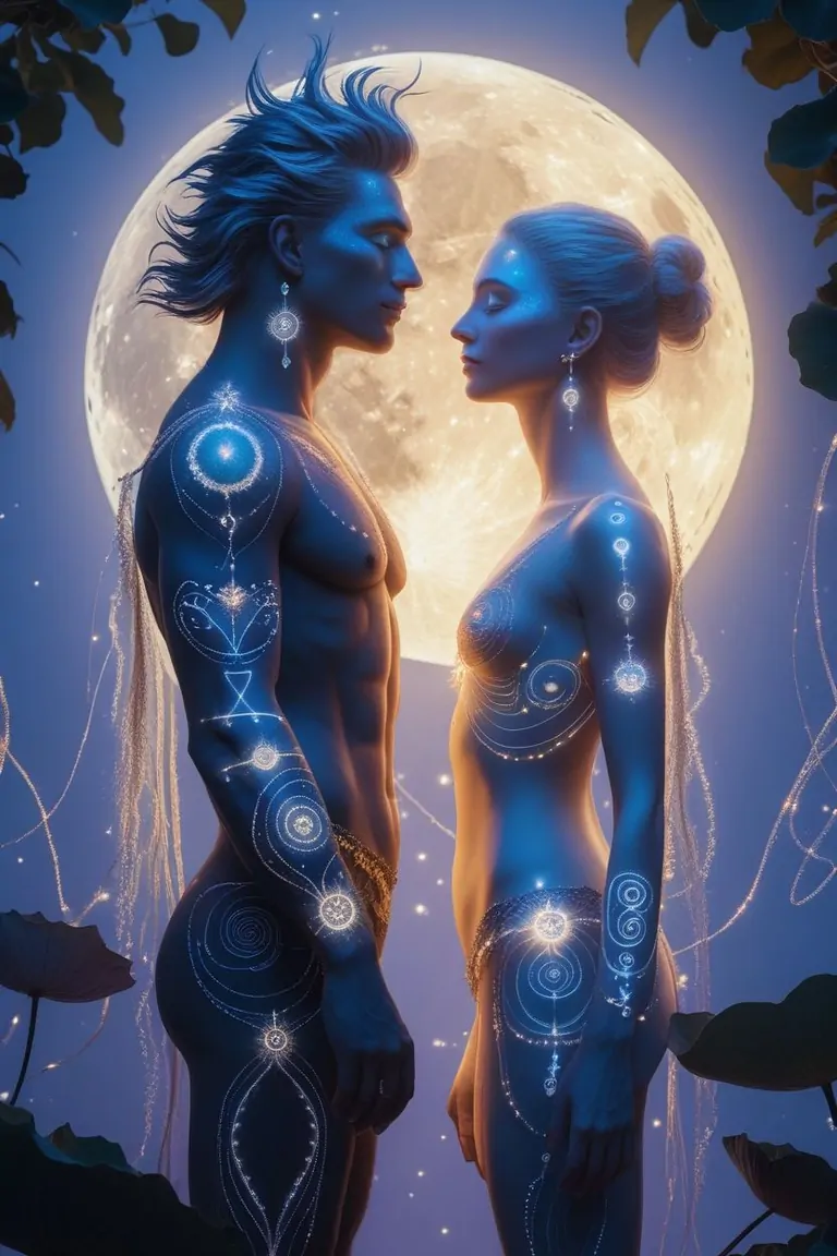 Cosmic journey of Sun and Moon (masculine and feminine)Kundalini Yoga. Symbols of unity, balance, and liberation through ancient wisdom and creative insight