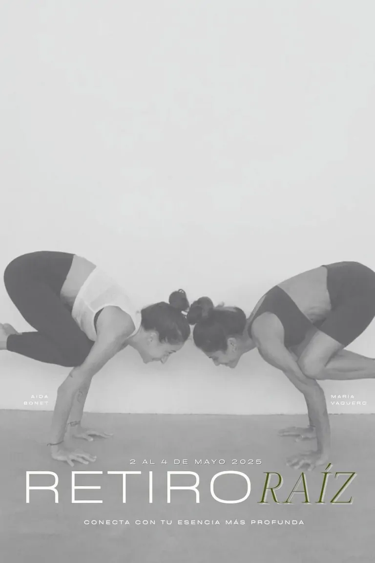 Two women in yoga poses, facing each other, promoting a retreat called Retiro Raíz on May 2-4, 2020.