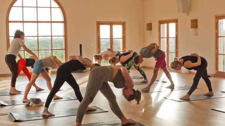A yoga class in session at the Suniai Oliva Retreat Center, with participants stretching in a bright, airy studio.