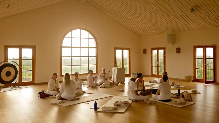 A serene group meditation session in a bright room with large windows, featuring participants seated on mats.