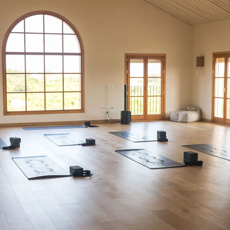 A serene yoga studio at Suniai Oliva Retreat Center, featuring mats arranged for practice and large windows for natural light.